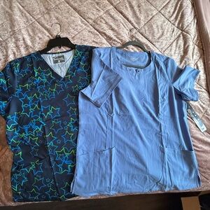 Large Scrub Tops (2 for 1 price!) Ceil Blue and Navy Green Star Patterned Fabric